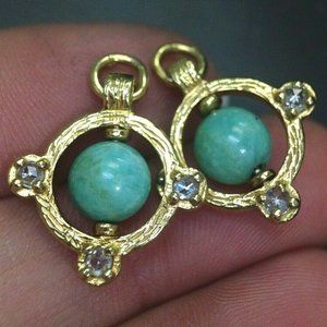 Interesting Solid 18K Yellow Gold Amazonite and Rose Cut Diamond Earring Charms